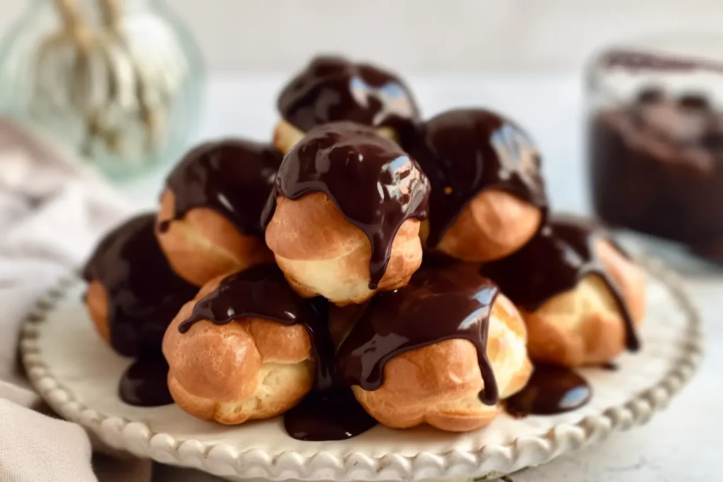 Delicioso prato de profiteroles de chocolate